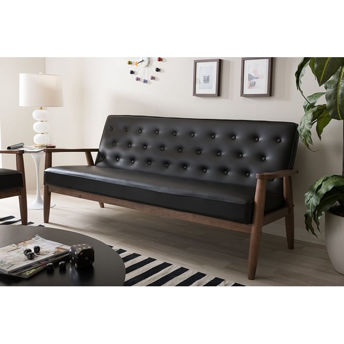 Baxton Studio Sorrento Black Faux Leather Upholstered 3 Seater