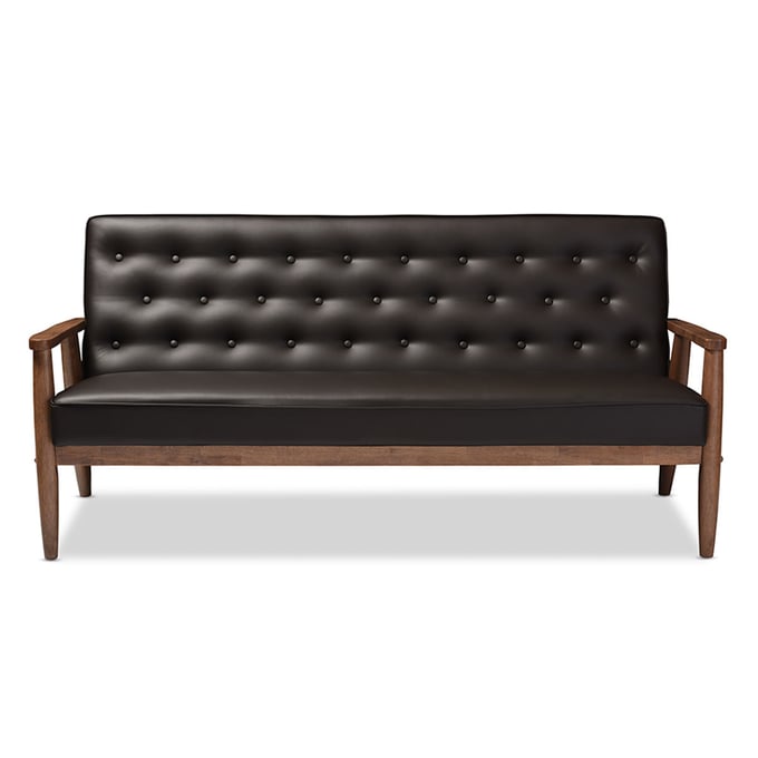 Baxton Studio Sorrento Dark Brown Faux Leather Upholstered 3 Seater Sofa BAX-BBT8013-BROWN-SOFA