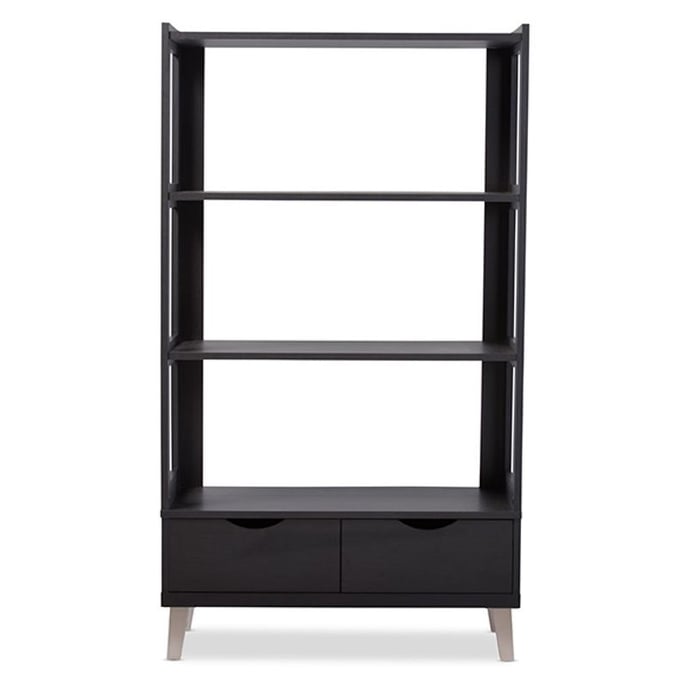 Baxton Studio Kalien Dark Brown Wood 3 Shelves Leaning Bookcase BAX-BC-002-ESPRESSO