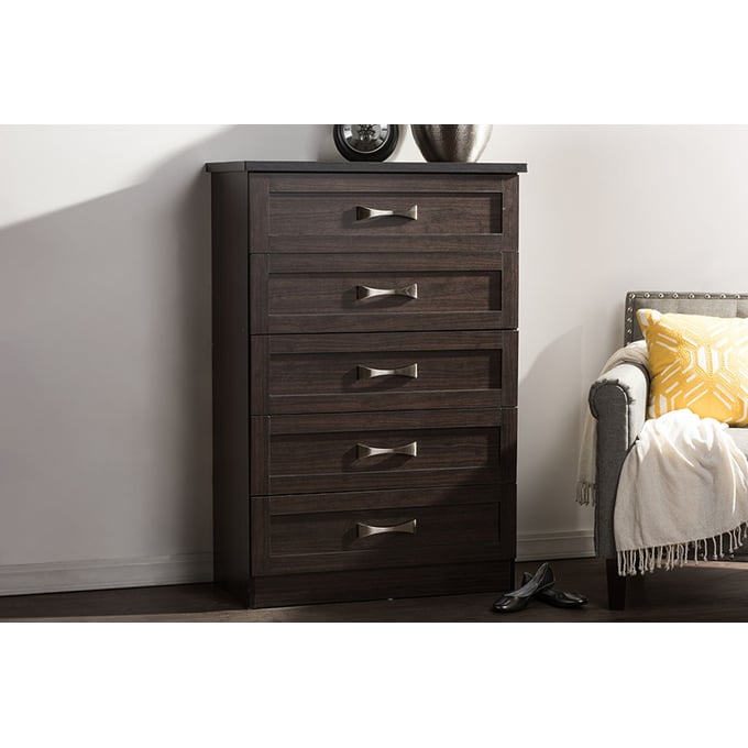 Baxton Studio Colburn Dark Brown Wood 5 Drawers Tallboy Chest