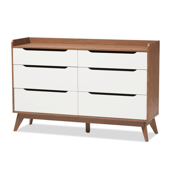 Baxton Studio Brighton Walnut Wood 6 Drawers Storage Dresser BAX-BRIGHTON-WL-WH-6DW-CHST