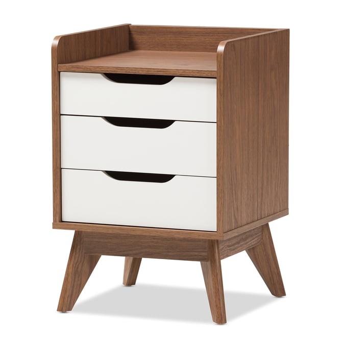 Baxton Studio Brighton Walnut Wood 3 Drawers Storage Night Stand BAX-BRIGHTON-WALNUT-WHITE-NS