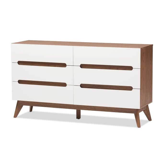 Baxton Studio Calypso Walnut Wood 6 Drawers Storage Dresser BAX-CALYPSO-WL-WH-6DW-CHST