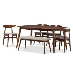 Baxton Studio Flora Light Grey Fabric Medium Brown Wood 6pc Dining Set