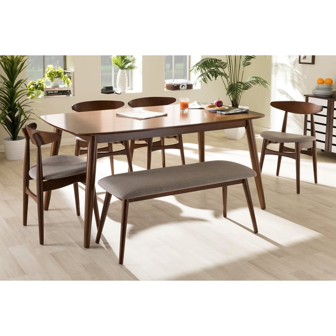 Baxton Studio Flora Light Grey Fabric Medium Brown Wood 6pc Dining