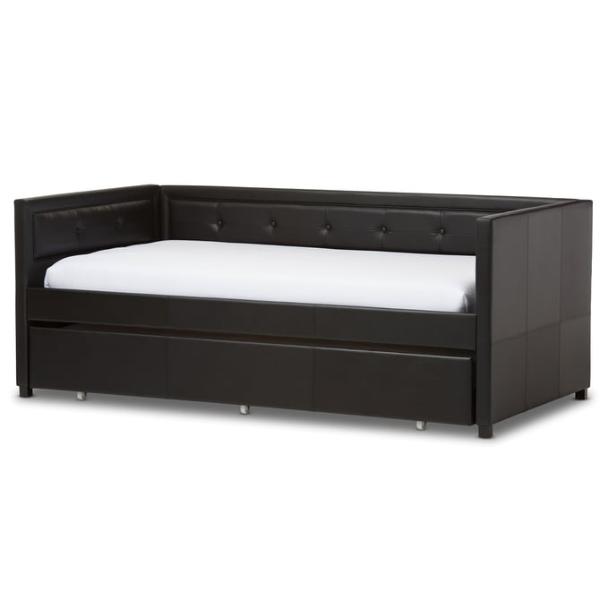 Baxton Studio Frank Black Faux Leather Sofa Twin Daybed with Roll Out Trundle Guest Bed BAX-FRANK-BLACK-DAYBED