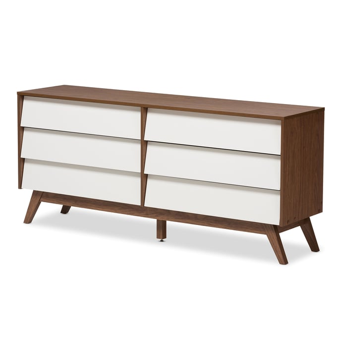 Baxton Studio Hildon Walnut Brown Wood 6 Drawers Storage Dresser BAX-HILDON-6DW-WL-WH-CHST