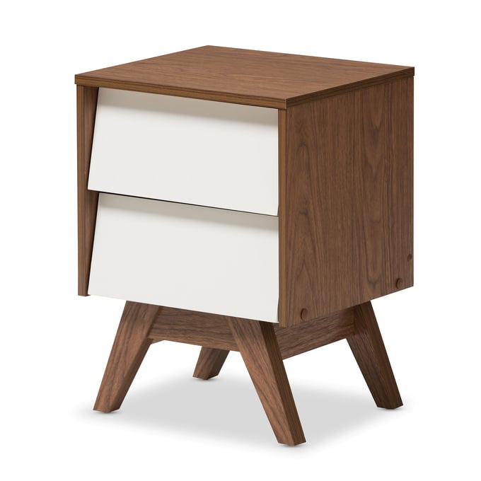 Baxton Studio Hildon Walnut Brown Wood 2 Drawers Storage Night Stand BAX-HILDON-NS-WALNUT-WHITE