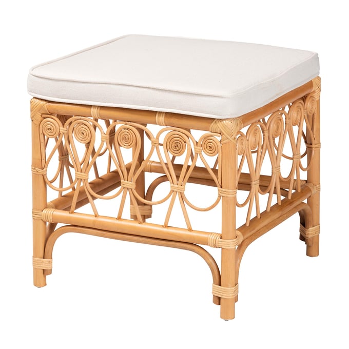 Baxton Studio Ibiza White Light Honey Bali Pari Footstool BAX-IBIZA-LIGHT-HONEY-STOOL