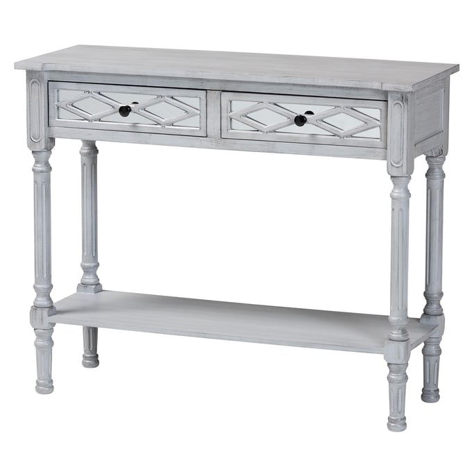 Baxton Studio Gellert Grey Mirror 2 Drawer Console Table BAX-JY23A093-GRY-CONSOLETABLE