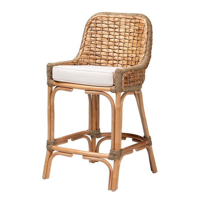 Baxton Studio Bali Pari Kyle White Natural Brown Counter Stool with Cushion BAX-KYLE-RATTAN-CS