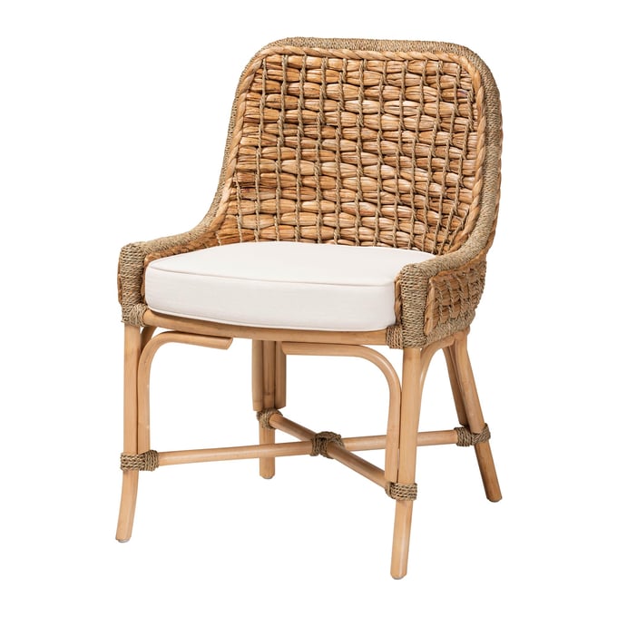 Baxton Studio Bali Pari Kyle White Natural Brown Dining Side Chair with Cushion BAX-KYLE-RATTAN-DC-NO-ARM