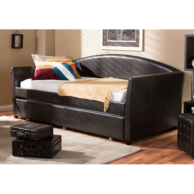 Baxton Studio London Brown Faux Leather Sofa Twin Daybed with Roll