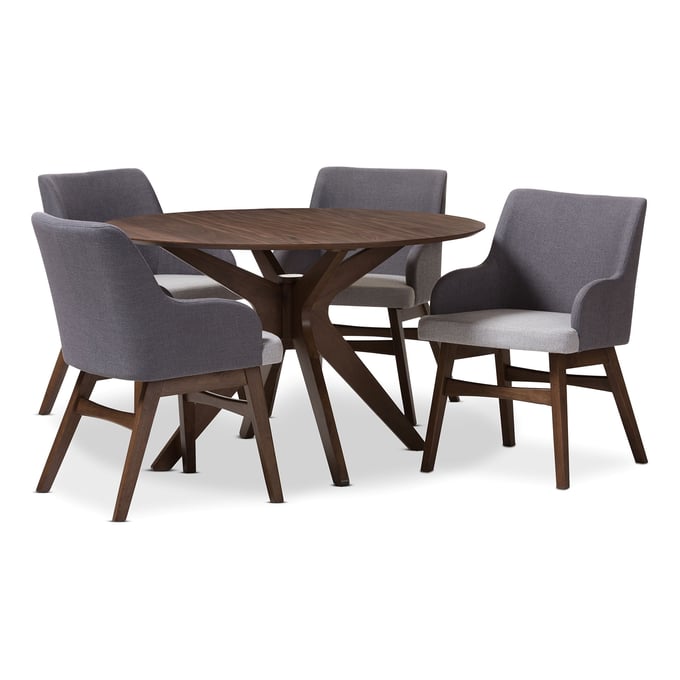 Baxton Studio Monte Grey Fabric Walnut Brown Wood Round 5pc Dining