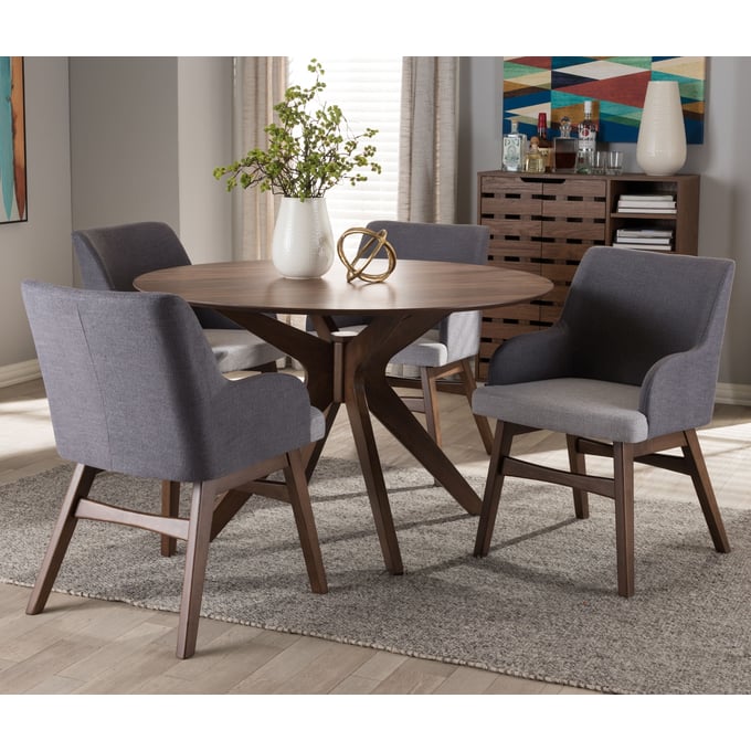 Baxton Studio Monte Grey Fabric Walnut Brown Wood Round 5pc Dining