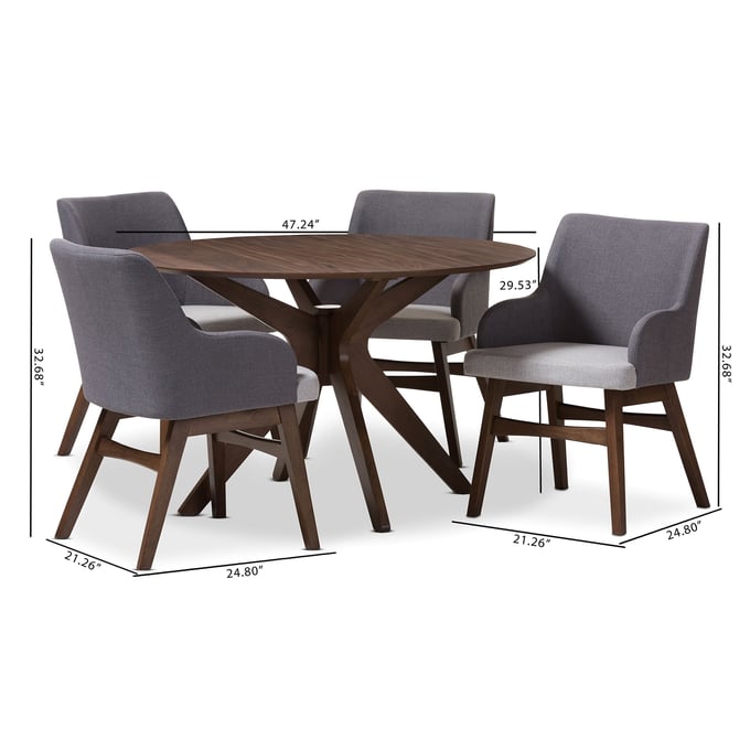 Baxton Studio Monte Grey Fabric Walnut Brown Wood Round 5pc Dining