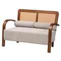 Baxton Studio Sage Modern Japandi Light Grey Fabric and Walnut Brown Finished Wood Loveseat with Woven Rattan