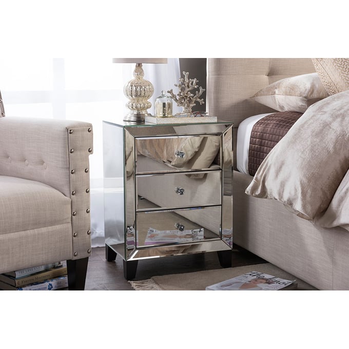 Baxton Studio Chevron Silver Mirrored 3 Drawers End Table The