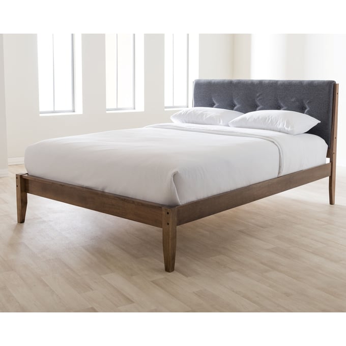 Baxton Studio Leyton Grey Fabric Walnut Wood King Platform Bed