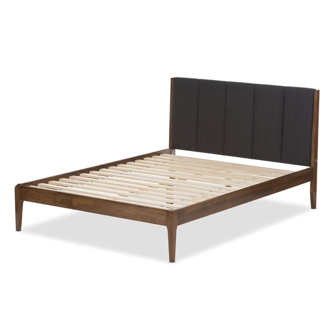 Baxton Studio Ember Dark Grey Fabric Walnut Wood Queen Platform Bed BAX-SW8063-GY-WAL-M7-Q