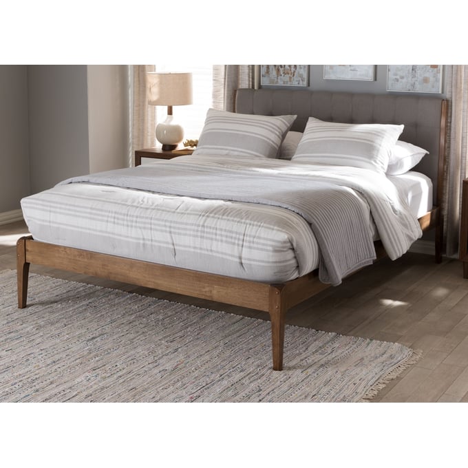 Baxton Studio Clifford Light Grey Fabric Walnut Wood Queen