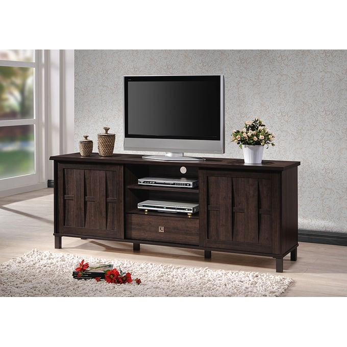 Baxton Studio Unna Dark Brown Wood 70 Inch 2 Sliding Doors TV