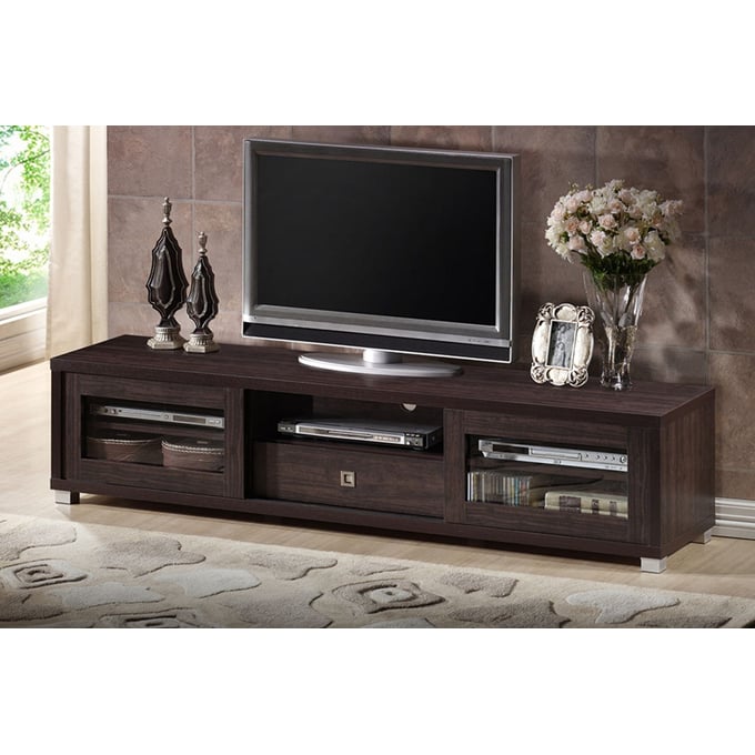 Baxton Studio Beasley Dark Brown 70 Inch TV Cabinet with 2 Sliding