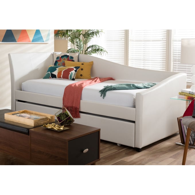 Baxton Studio Vera White Faux Leather Sofa Twin Daybed with Roll