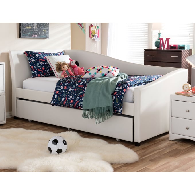 Baxton Studio Vera White Faux Leather Sofa Twin Daybed with Roll