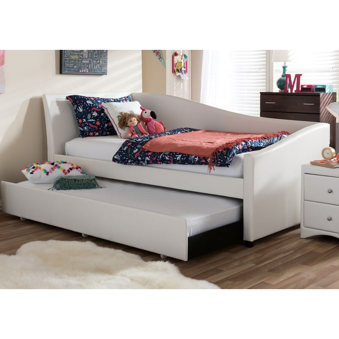 Baxton Studio Vera White Faux Leather Sofa Twin Daybed with Roll