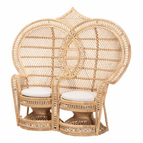 Baxton Studio Nerita White Natural Brown Rattan Two Seater Peacock Chair