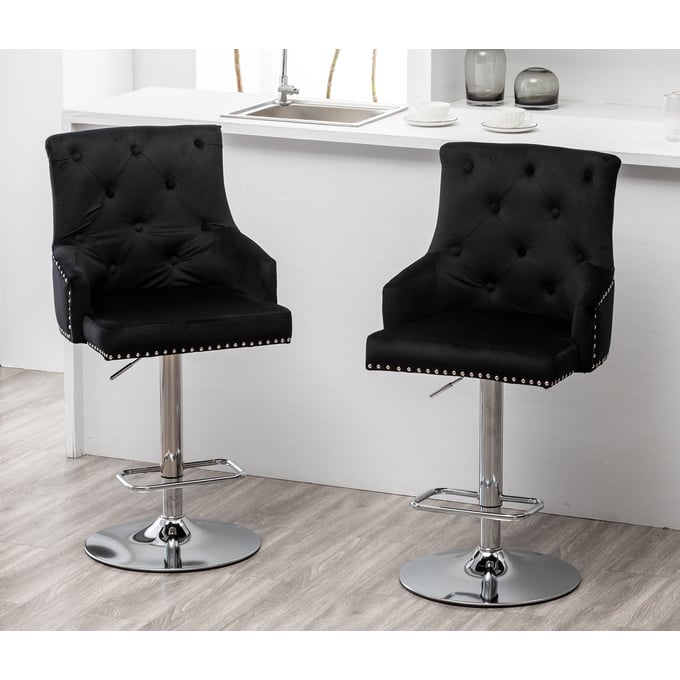 2 Better Home Products Monroe Black Velvet Tufted Adjustable Swivel Bar Stools BETHOM-MOE-BAR-STL-BLK