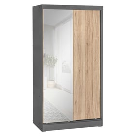 Better Home Products W40 Natural Oak Gray Mirror Double Sliding Door Wardro...