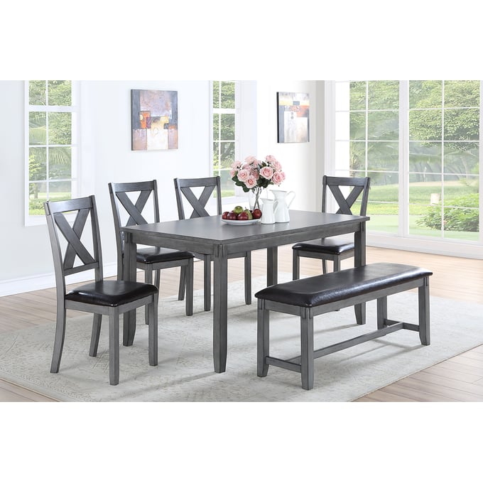 Poundex Grey 6pc Dining Room Set with X Back Chair BOSS-F2548