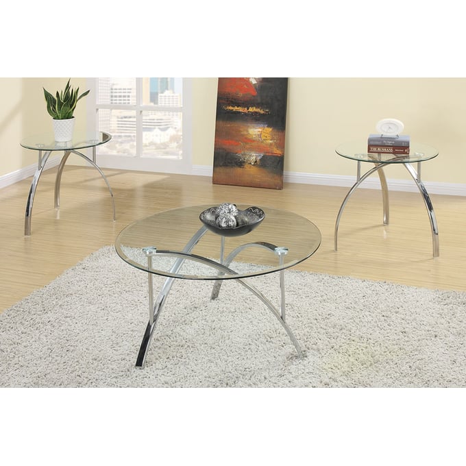 Poundex Clear Chrome 3pc Coffee Table Set BOSS-F3098