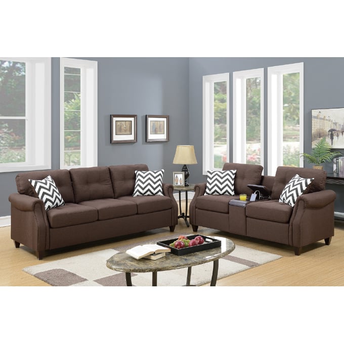 Poundex Brown Sofa and Loveseat Set with USB Console BOSS-F6413