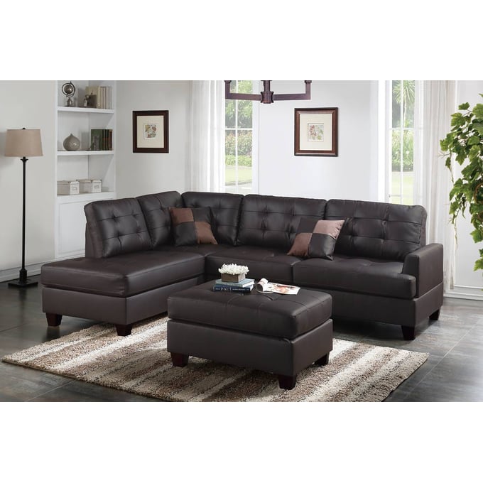 Poundex Espresso Dark Coffee 3pc Sectional with 2 Accent Pillows BOSS-F6855