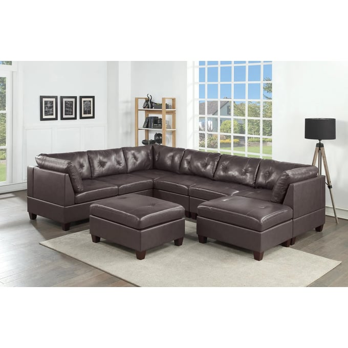 Poundex Dark Coffee Leather 8pc Sectional BOSS-F8911-SEC-S1