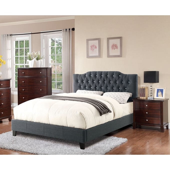 Poundex Blue Grey Dark Cherry 4pc Bedroom Set With Queen Tufted Bed BOSS-F9333Q-BR-S2