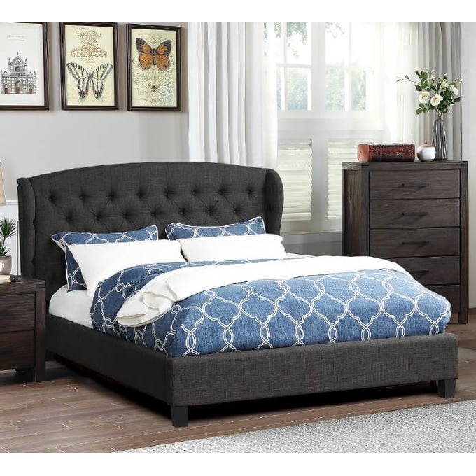 Poundex Charcoal Fabric Espresso Queen Bed BOSS-F9440Q