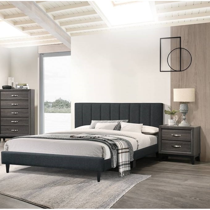 Poundex Charcoal Fabric Foil Grey 4pc Bedroom Set With Queen Bed BOSS-F9533Q-BR-S2