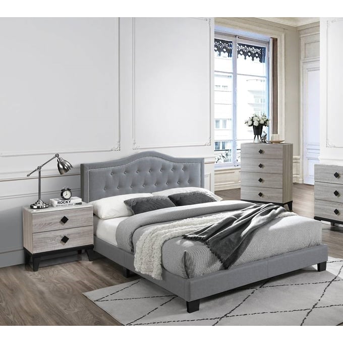 Poundex Grey Foil Cream 4pc Bedroom Set With Queen Tufted Bed BOSS-F9571Q-BR-S2