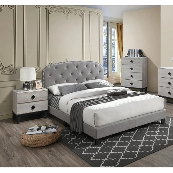 Poundex Light Grey Fabric Cream 4pc Bedroom Set With Queen Bed BOSS-F9573Q-BR-S2