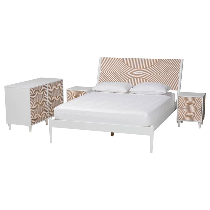 Baxton Studio Louetta White Natural Brown 4pc Queen Bedroom Set BAX-SW8591-WHITE-4PCQNBEDSET