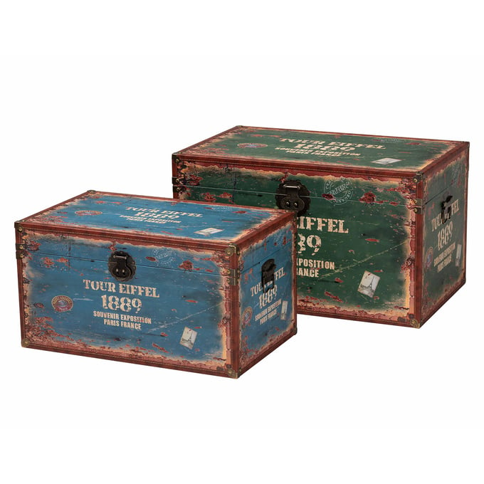 Baxton Studio Sabeen Green Blue Vintage 2pc Storage Trunk Set BAX-SJ14306R-WOODEN-TRUNK