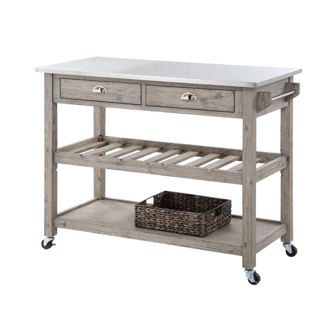 Boraam Montana Light Barnwood Wire Brush Kitchen Island Stainless Steel Top BRM-77520