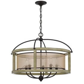 Cal Lighting Palencia Distressed Oak Black Round Chandelier with Organza Sh...