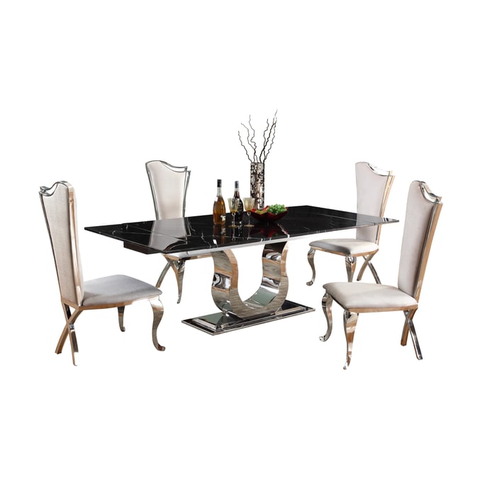 Chintaly Imports Nadia White Black Marquina 5pc Dining Room Set CHF-NADIA-5PC-WHT