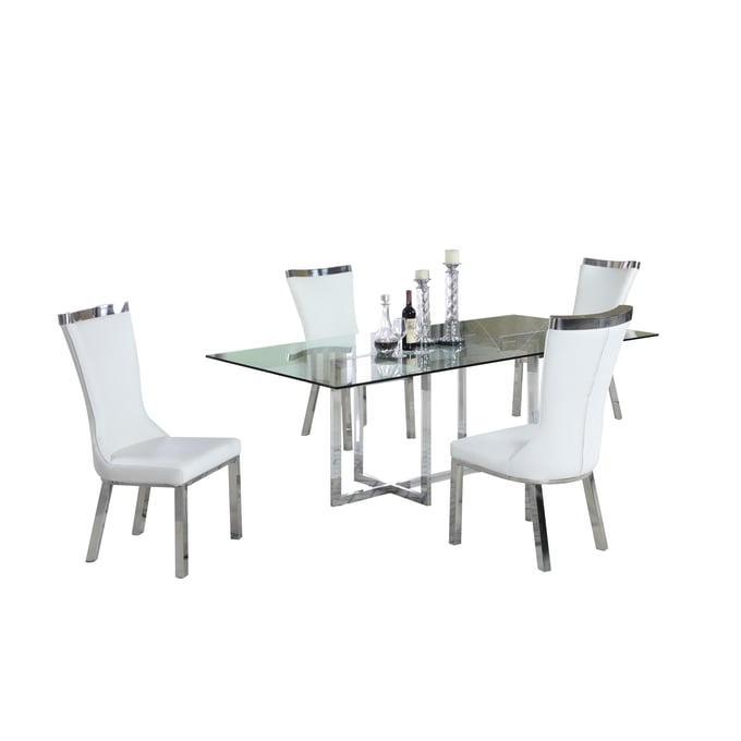 Chintaly Imports Yasmin Adelle Clear Polished White 84 Inch 5pc Dining Room Set CHF-YASMIN-4484-ADELLE-5PC