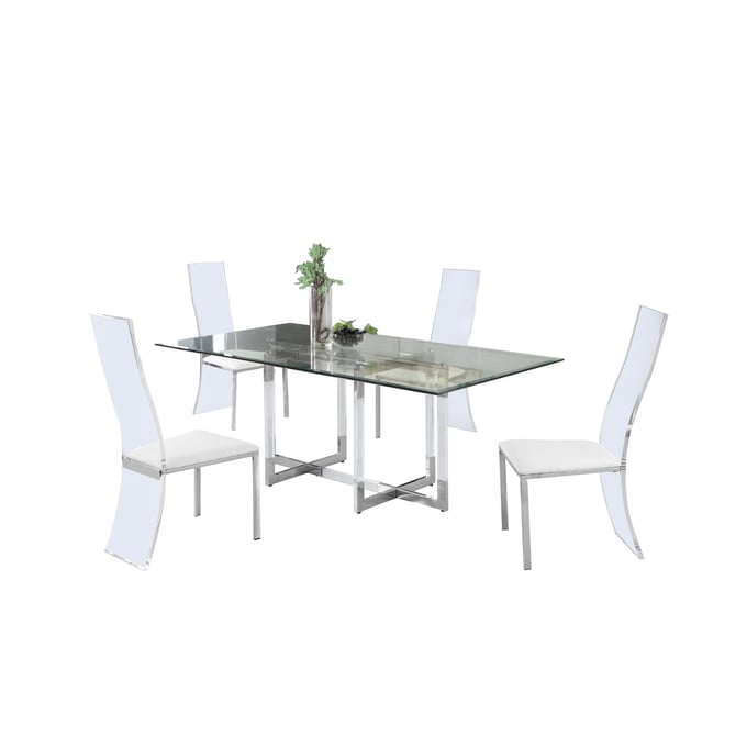 Chintaly Imports Yasmin Layla Clear Polished White 72 Inch 5pc Dining Room Set CHF-YASMIN-4272-LAYLA-5PC